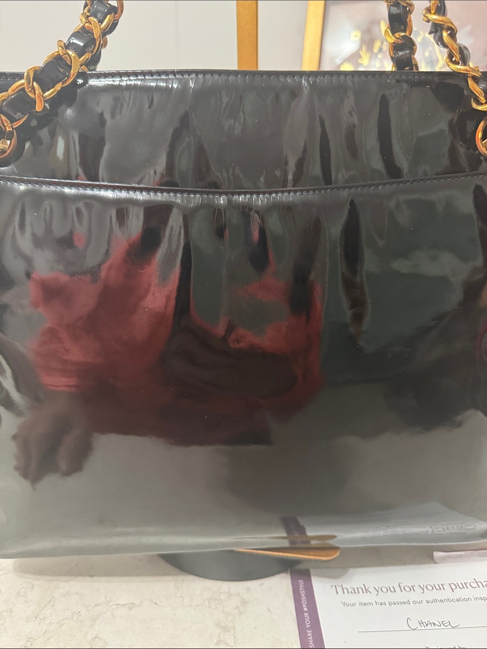 Black Patent Leather Shoulder Tote with Gold Hardware - Picture 5 of 17